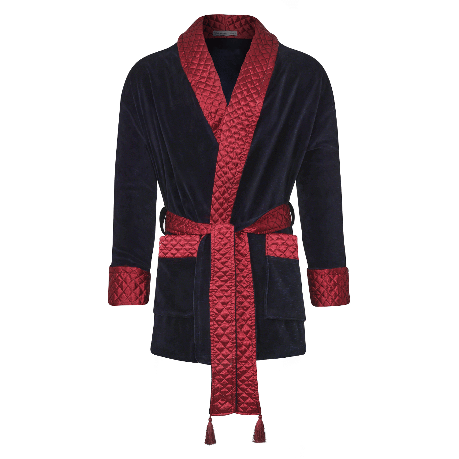Cliveden Short Velvet Navy Dressing Gown with Quilted Satin Collar & Fold Back Cuffs