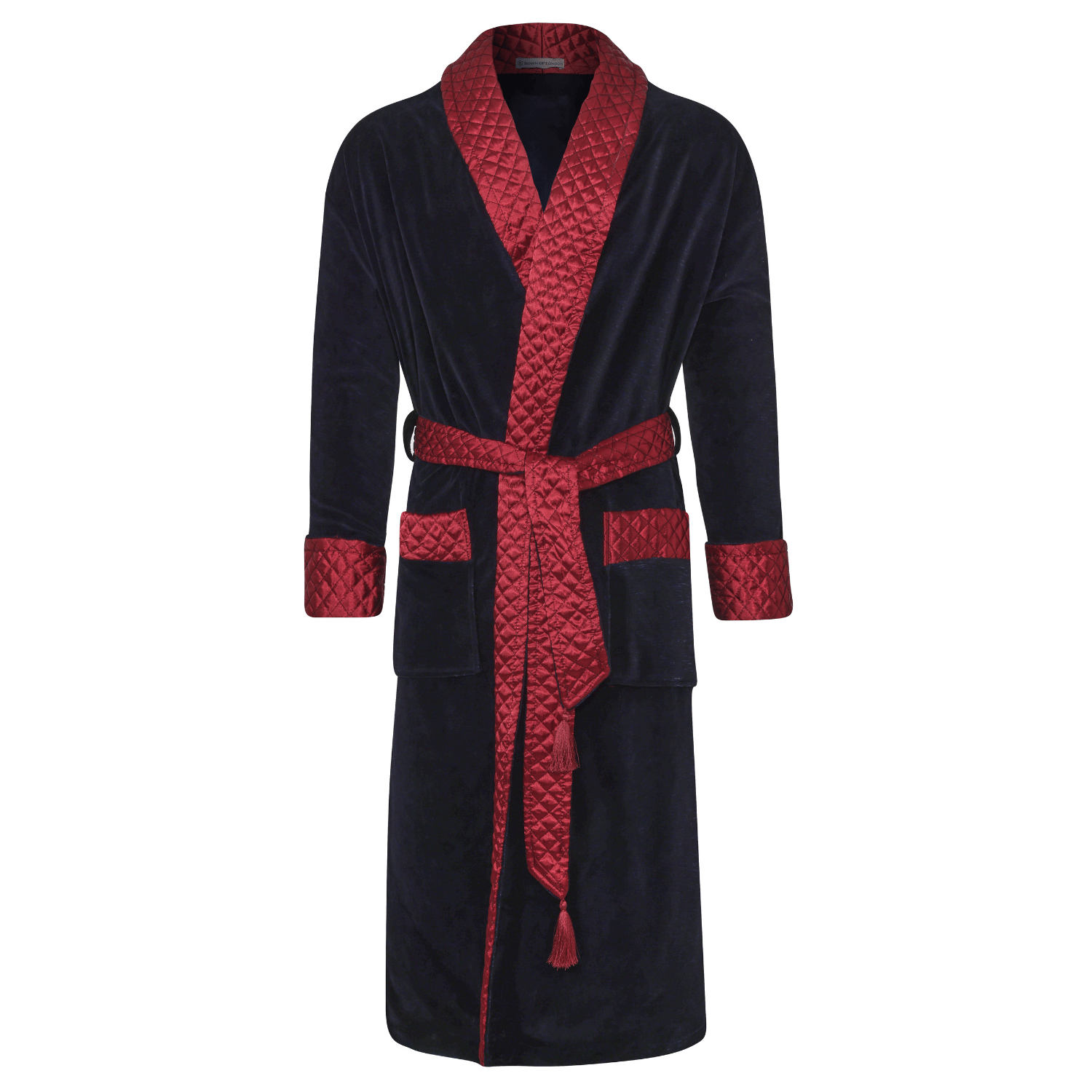 Robe de chambre Mayfair en velours bleu marine, détails en satin matelassé et manches ajustables