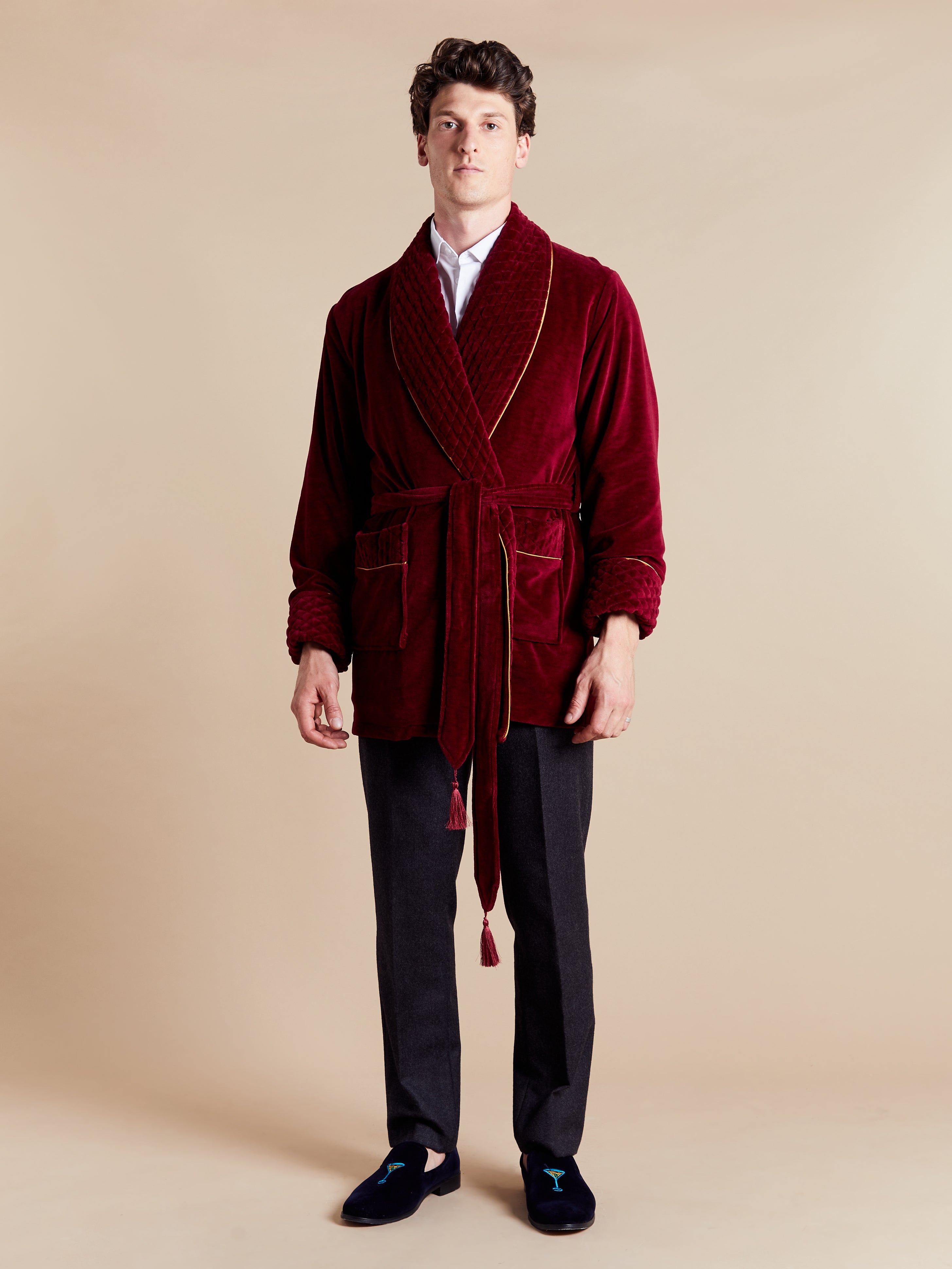 Howard Luxury Cotton Short Velvet Robe in Burgundy