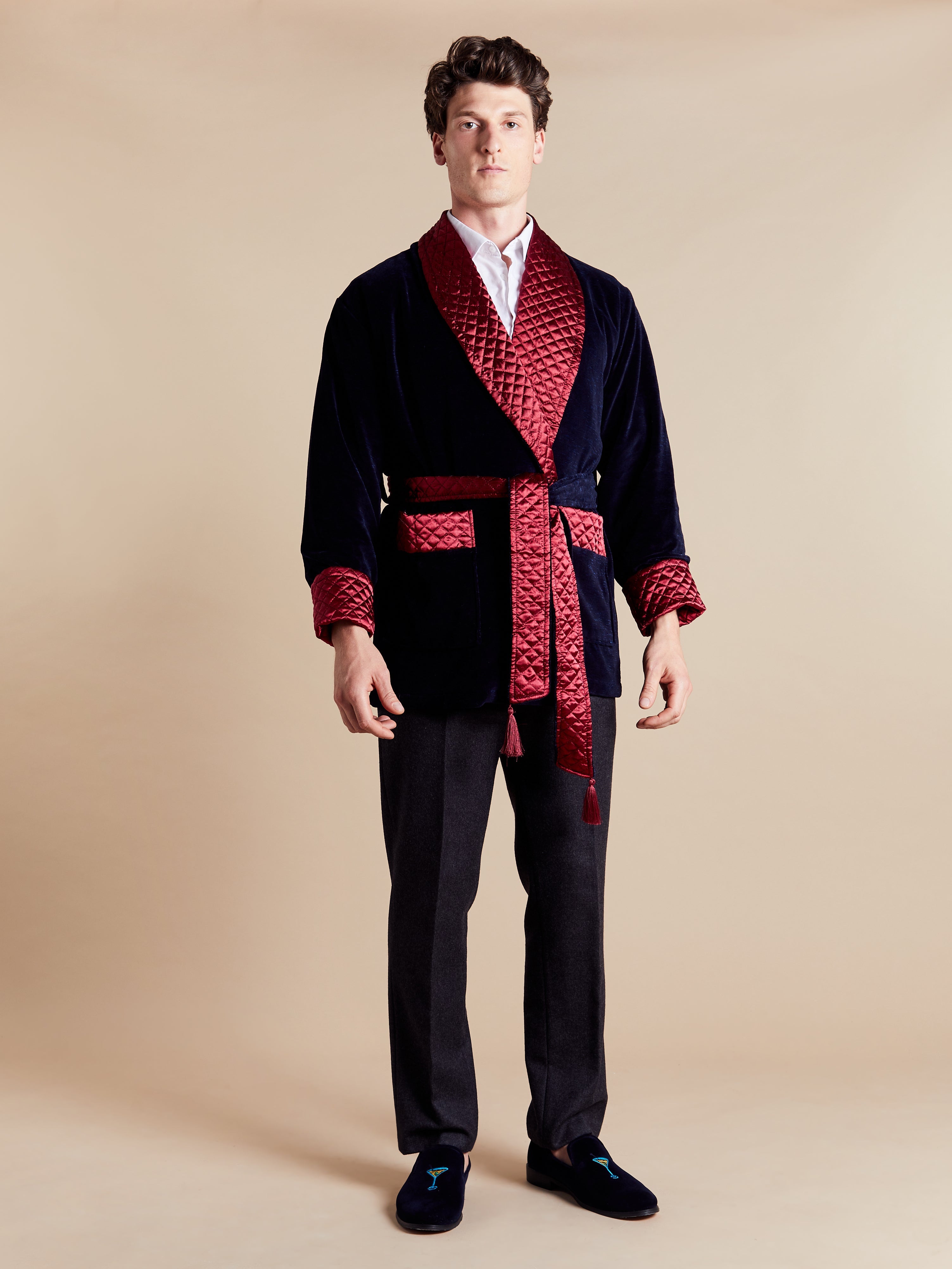 Cliveden Short Velvet Navy Dressing Gown with Quilted Satin Collar & Fold Back Cuffs