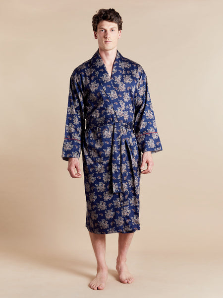 mens silk paisley dressing gown Men's Dressing Gown Smoking Jacket Robe Paisley Antique Gold Dark Blue Quilted Extra Long Warm