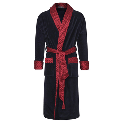 Mayfair Long Velvet Navy Dressing Gown with Quilted Satin Collar & Fold Back Cuffs