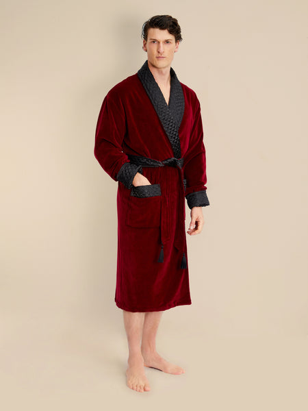 Astor Luxury Cotton Long Velvet Robe in Burgundy | Bown of London