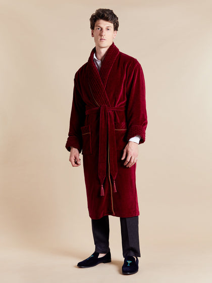 Donington Luxury Cotton Long Velvet Robe in Burgundy