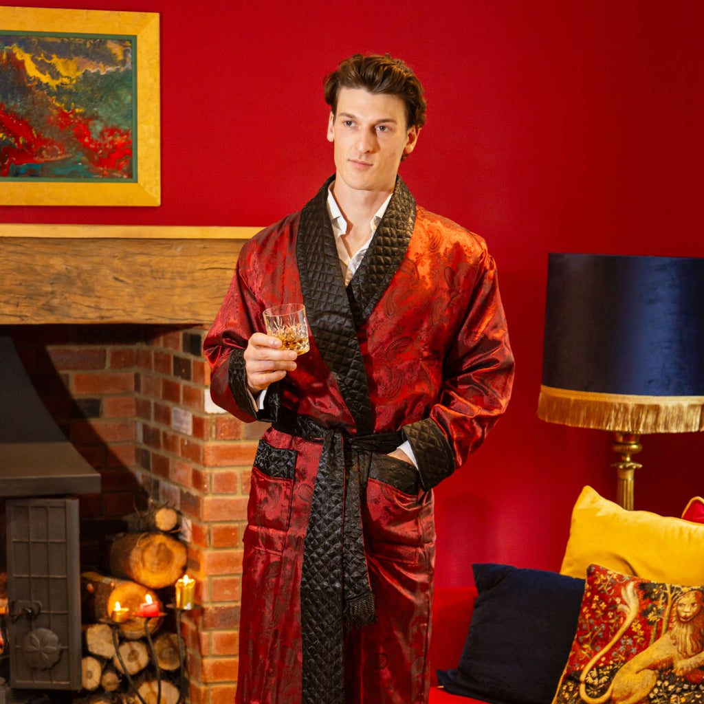 Gable Mens Long Smoking Jacket - Claret Main Image