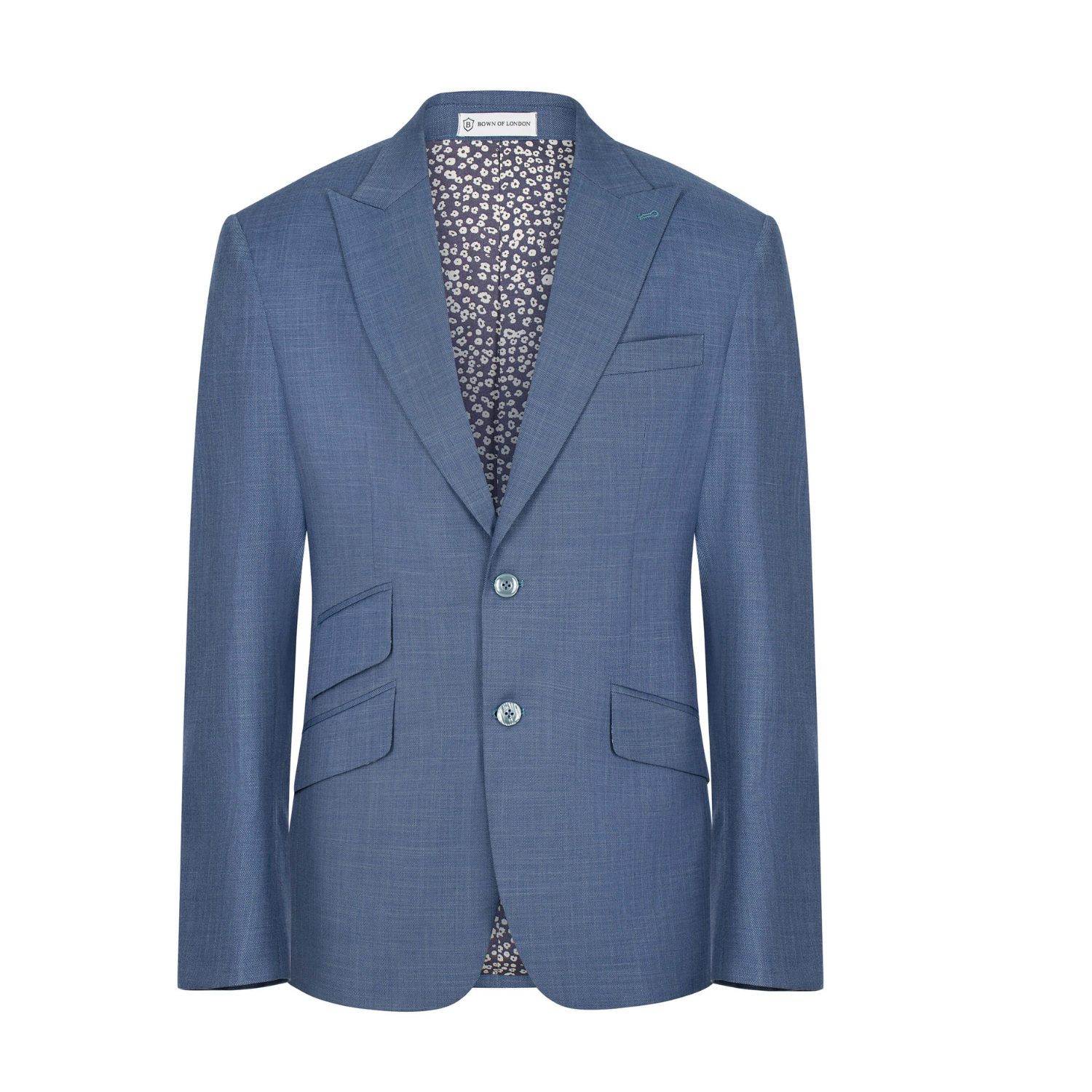 Blue blazer with a patterned shirt underneath on a white background