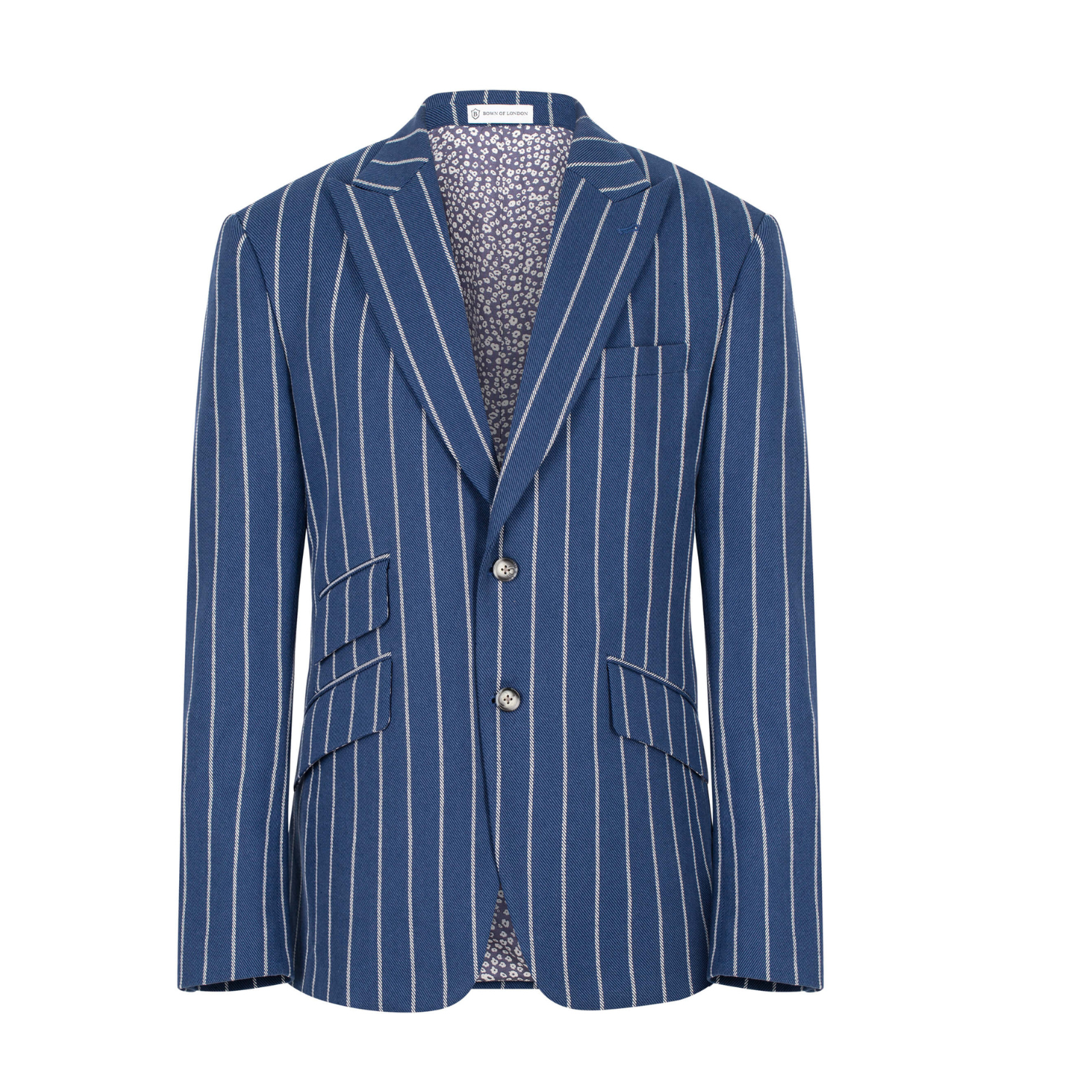 Blue pinstripe blazer on a white background