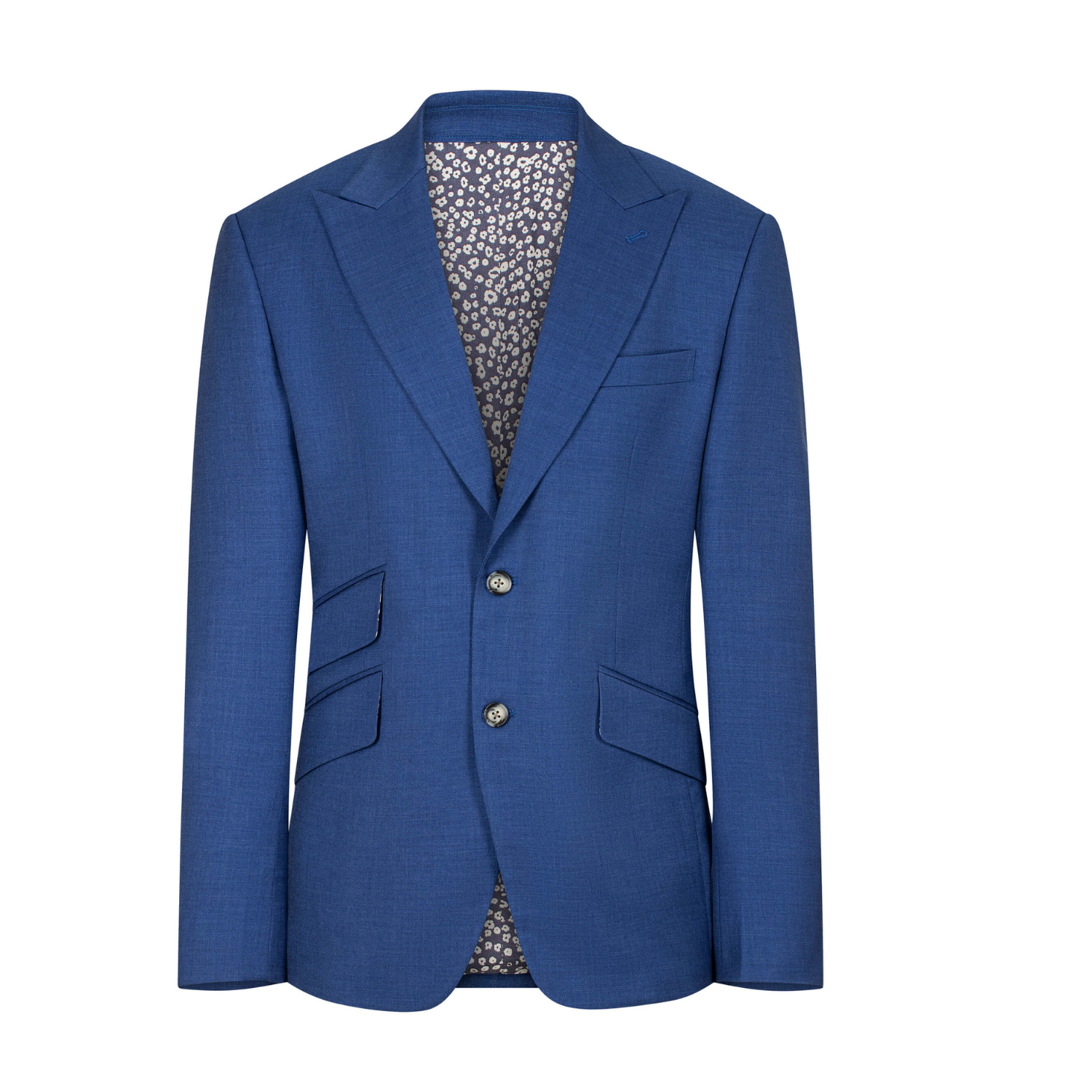 Blue blazer with a patterned lining on a white background