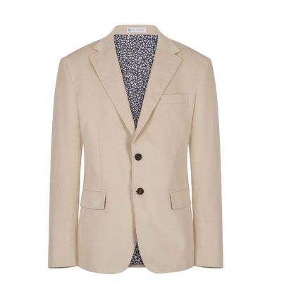 Beige blazer with floral pattern lining on a white background