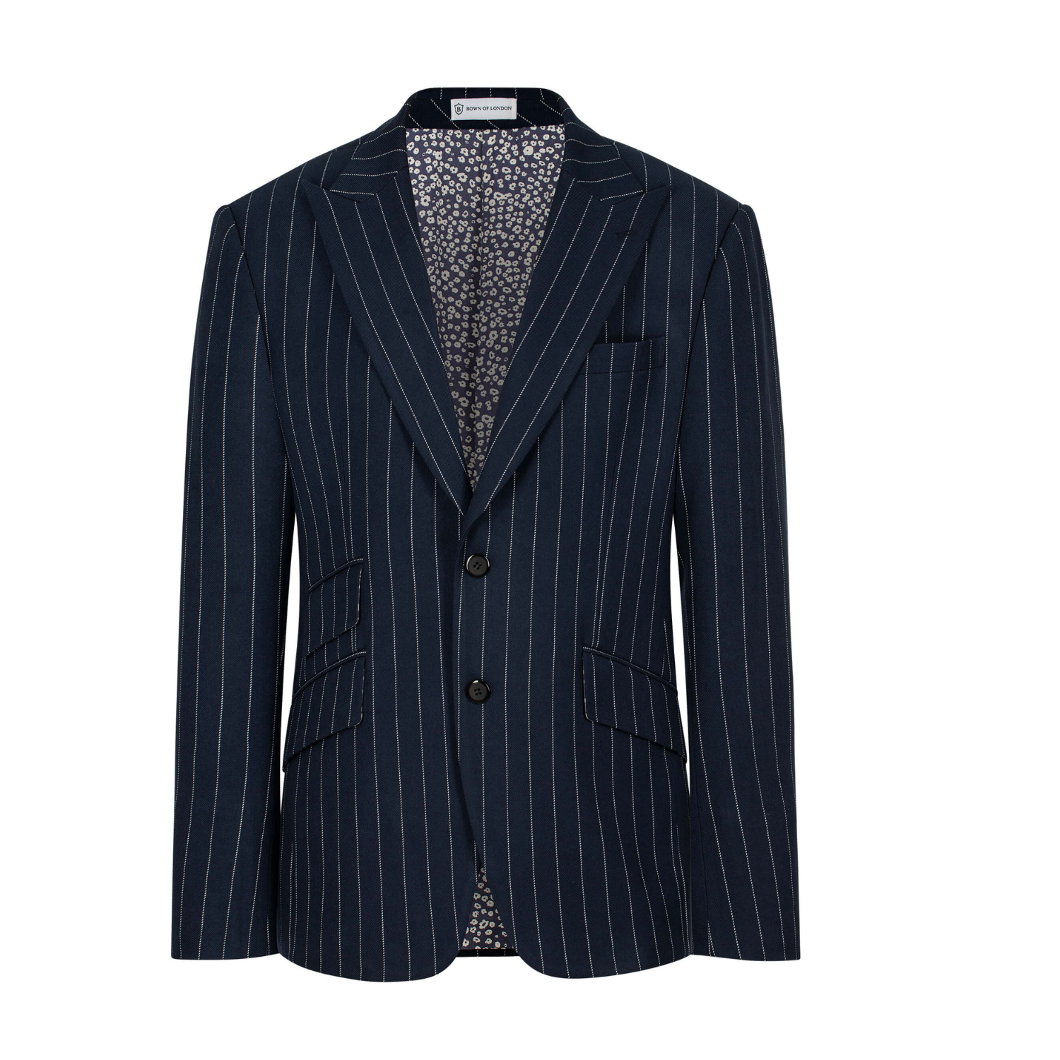 Navy pinstripe blazer on a white background