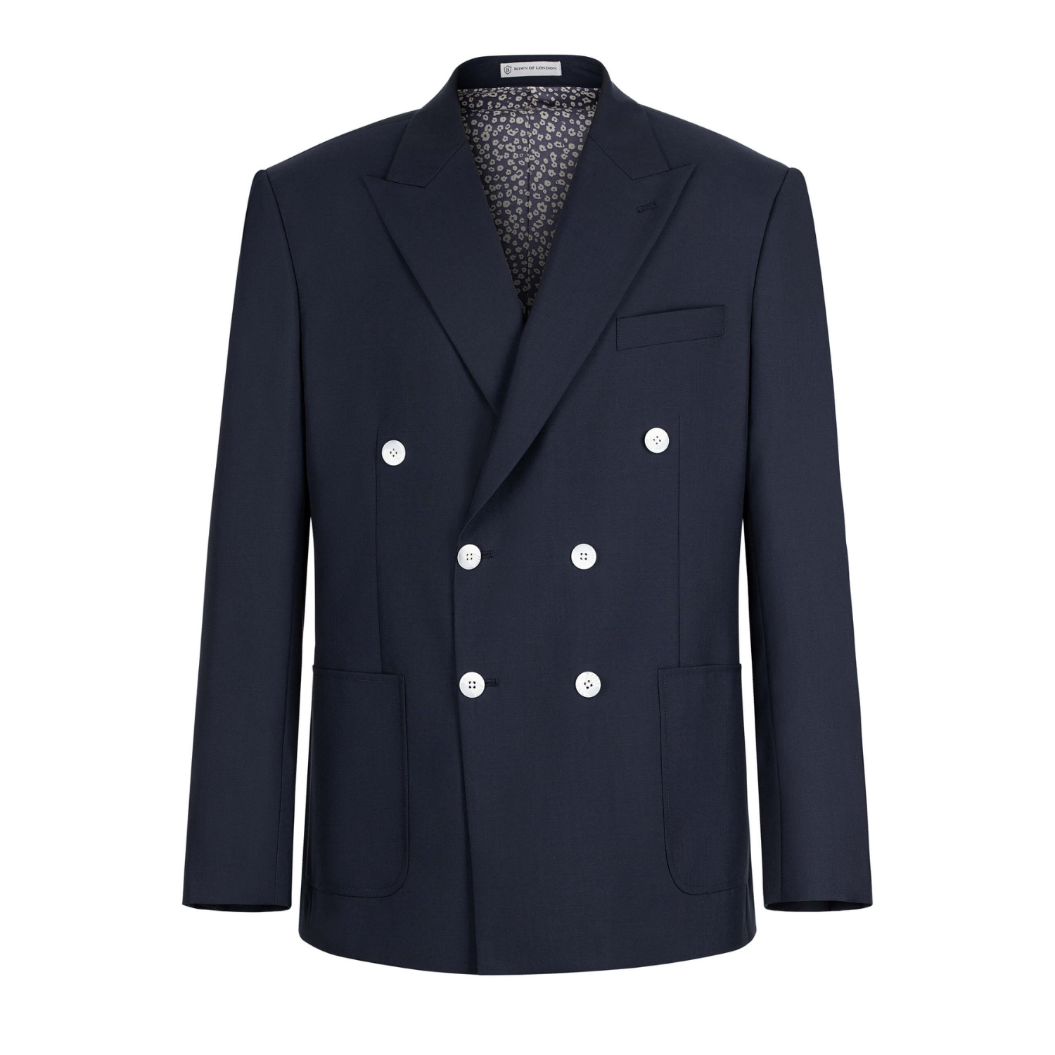 Navy blue double-breasted jacket on a white background