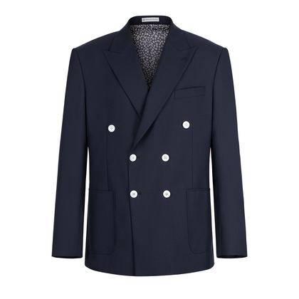 Navy blue double-breasted jacket on a white background