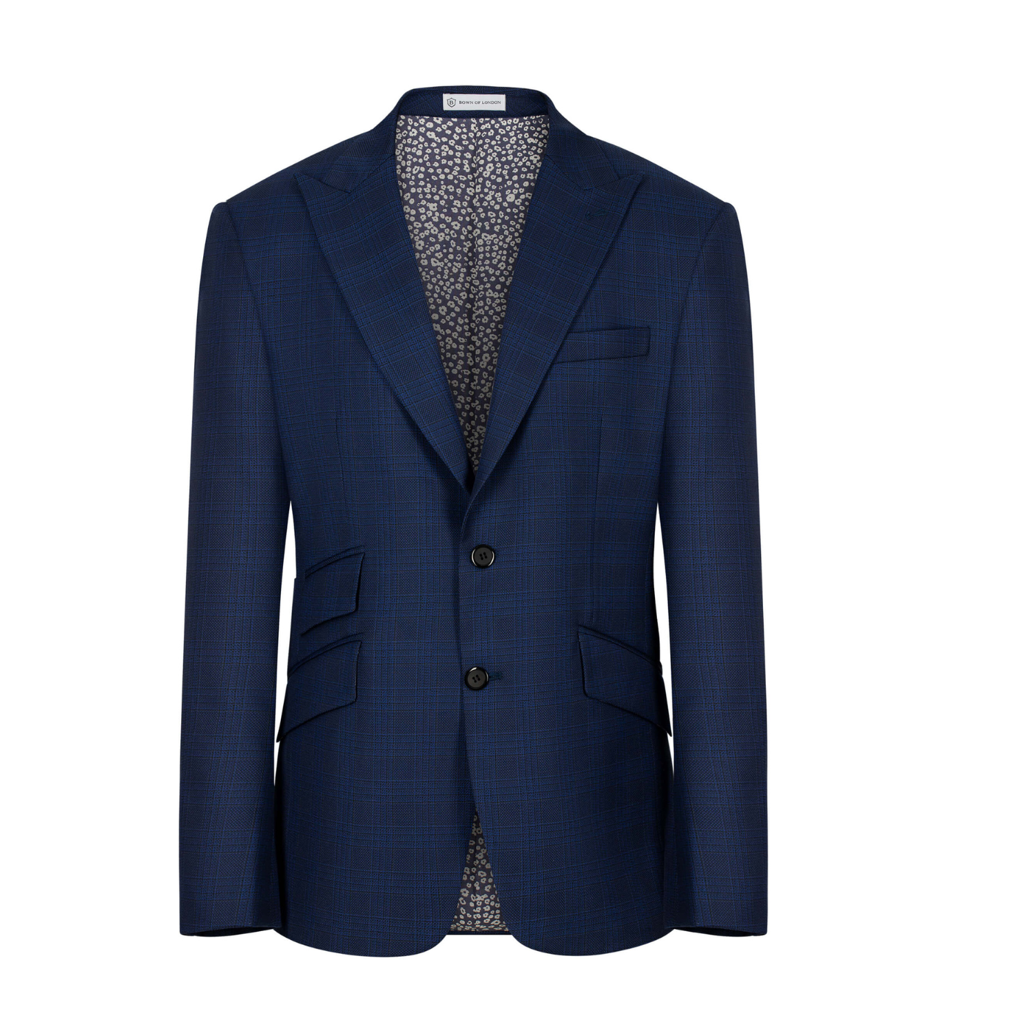 Blue blazer with a patterned shirt underneath on a white background