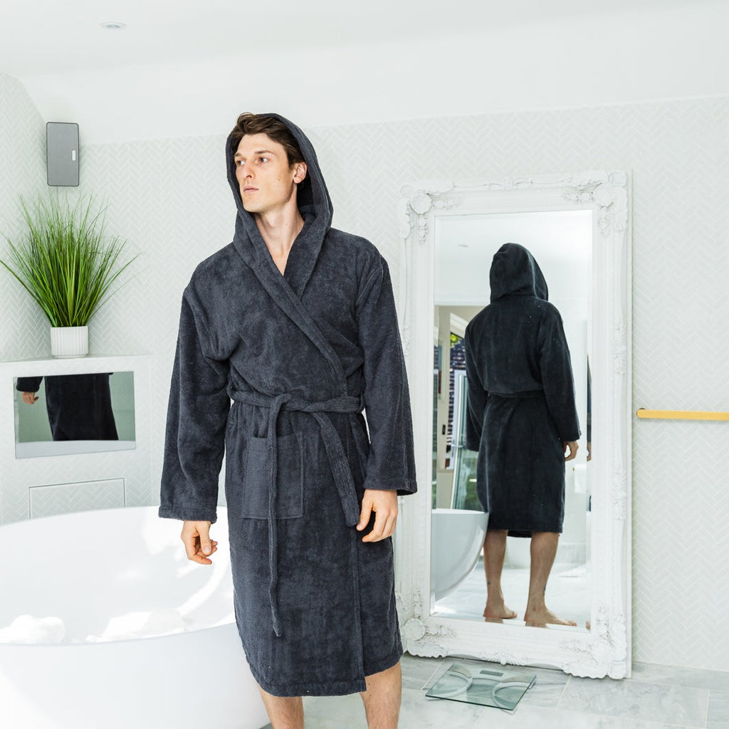 Men's Hooded Nua Cotton Dressing Gown - Dark Grey