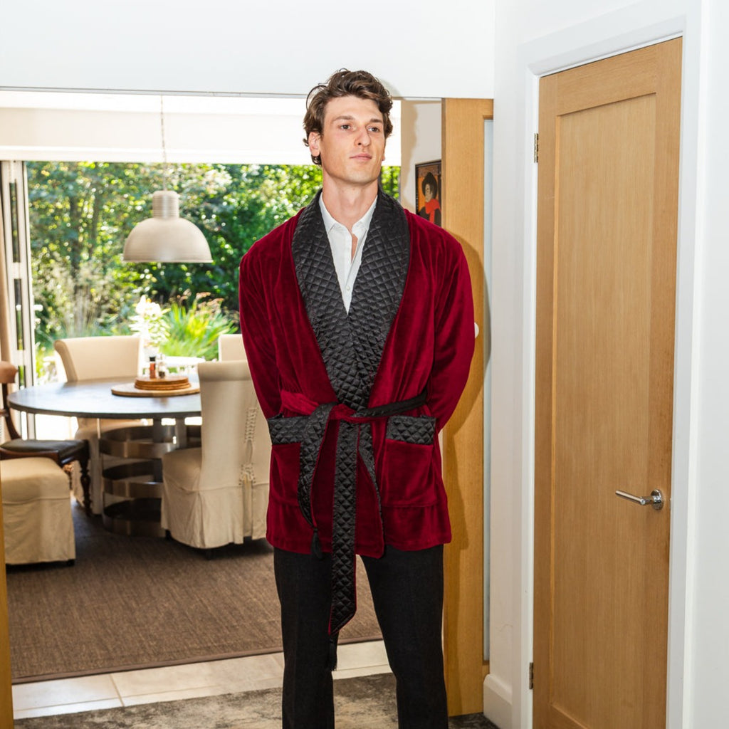 Belgravia Luxury Cotton Short Velvet Robe in Burgundy | Bown of London