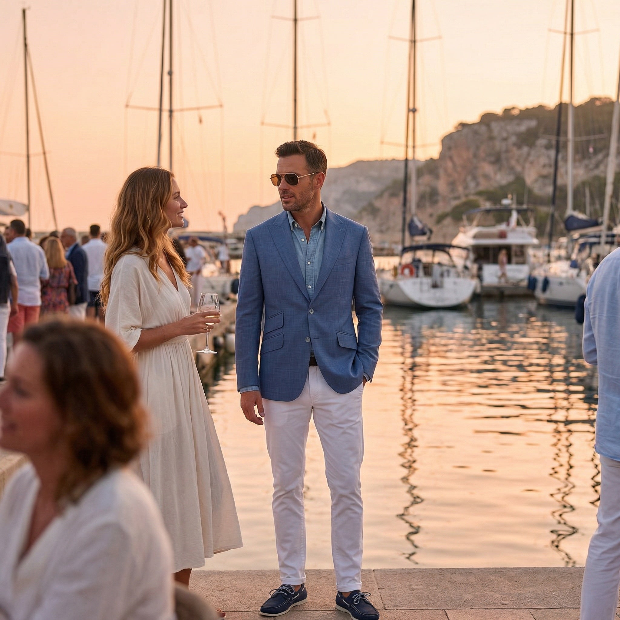 Man in a blue blazer and white pants standing next to a woman in a white dress by a marina at sunset.