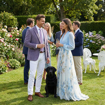People socializing in a garden setting with floral arrangements and a dog.