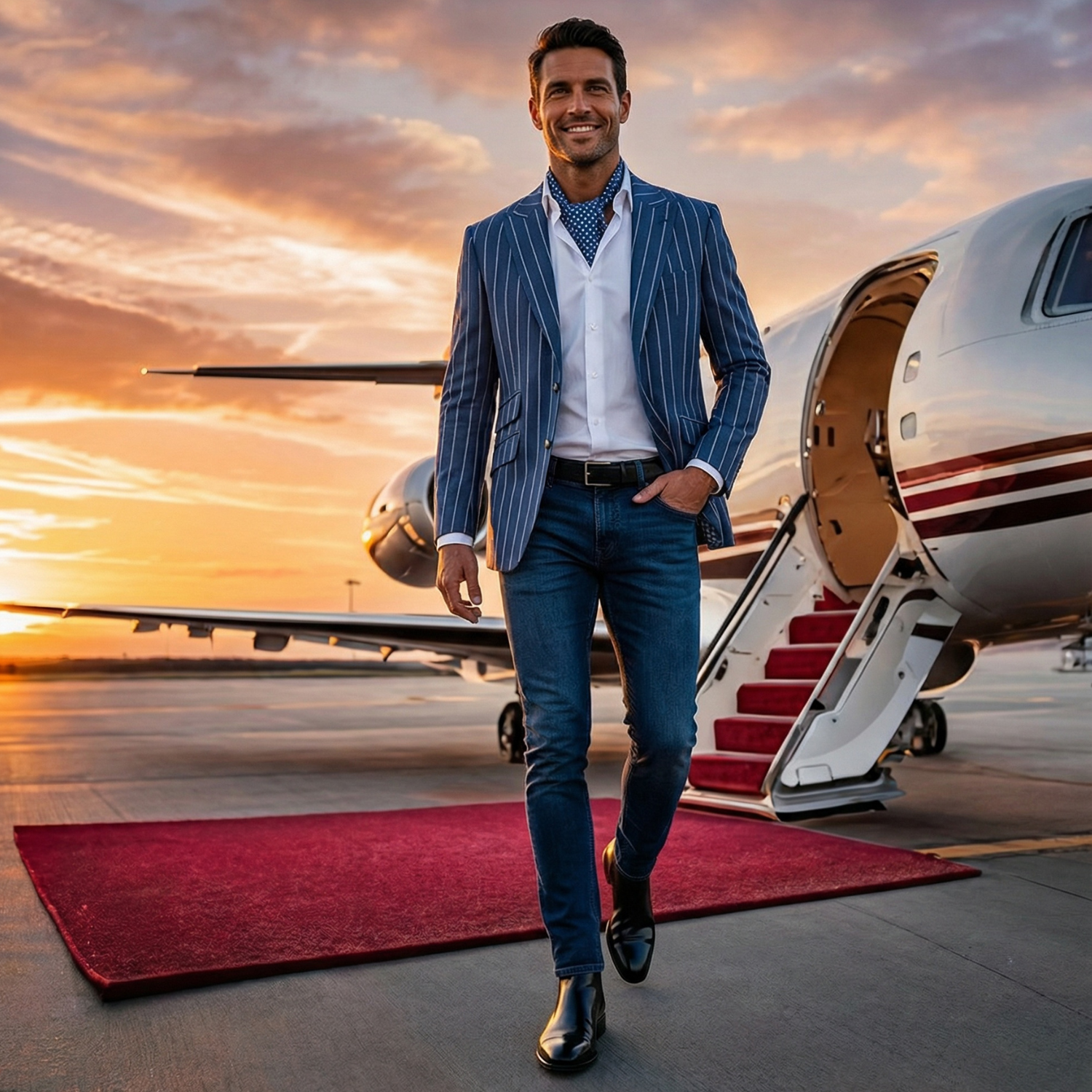 Man in a blue pinstripe suit walking towards a private jet with a red carpet at sunset.