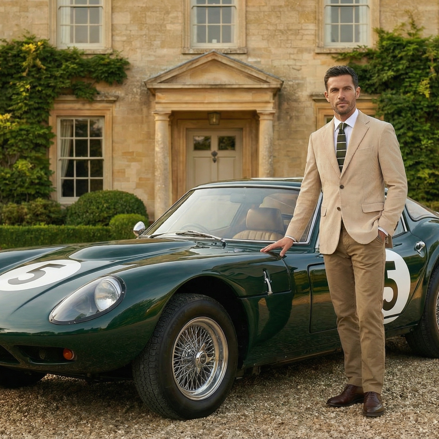 Man in a beige suit standing next to a vintage green sports car in front of a large house.
