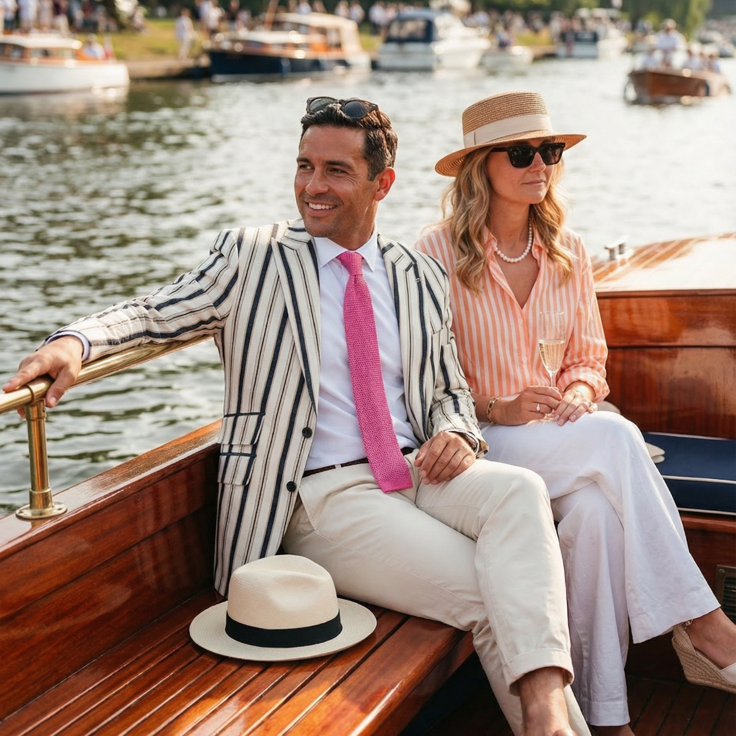 Man and woman on a boat with a scenic water background