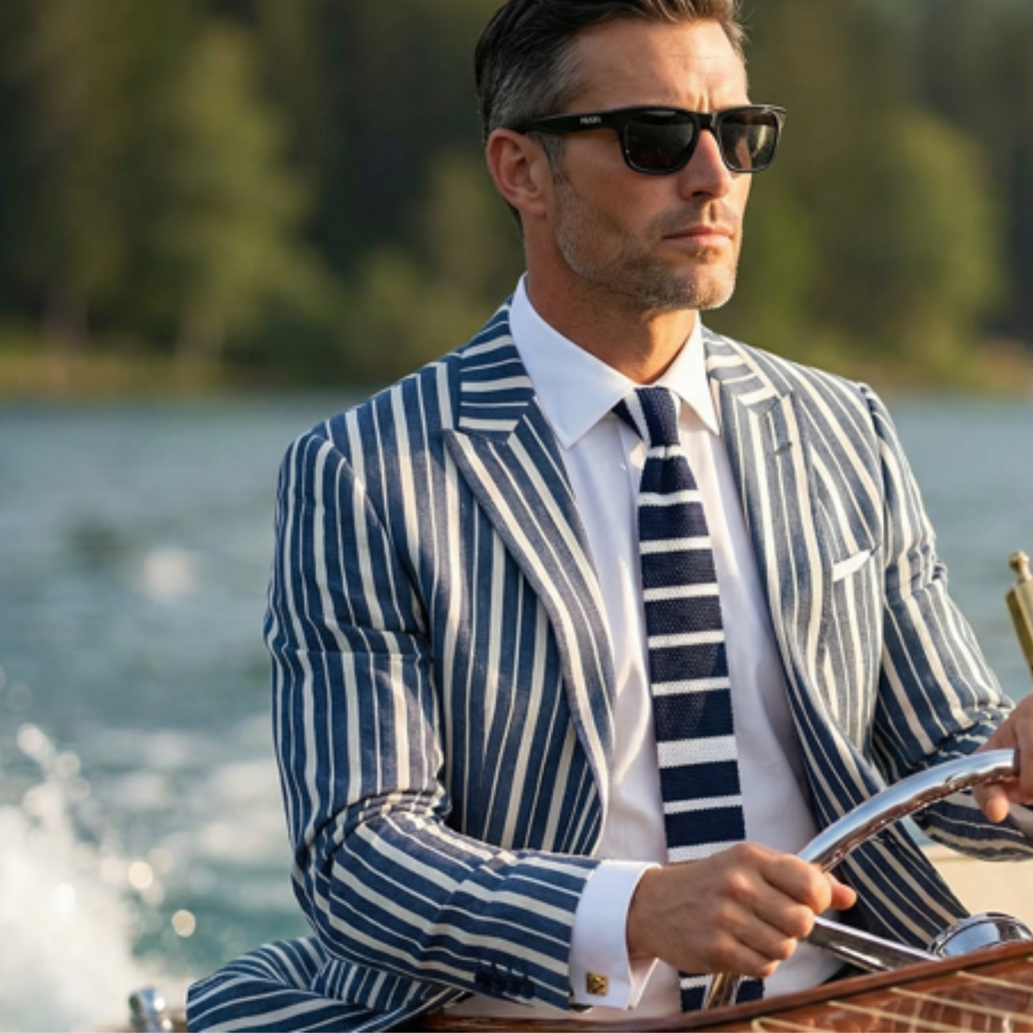 Man in a striped suit and sunglasses on a boat by a lake